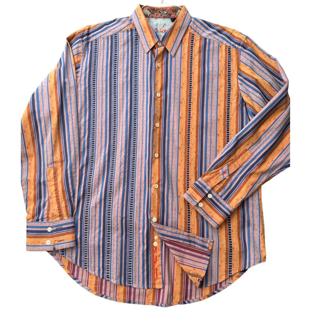 Robert Graham Mens Large Striped Button Down Shirt Orange Blue Jacquard L/S